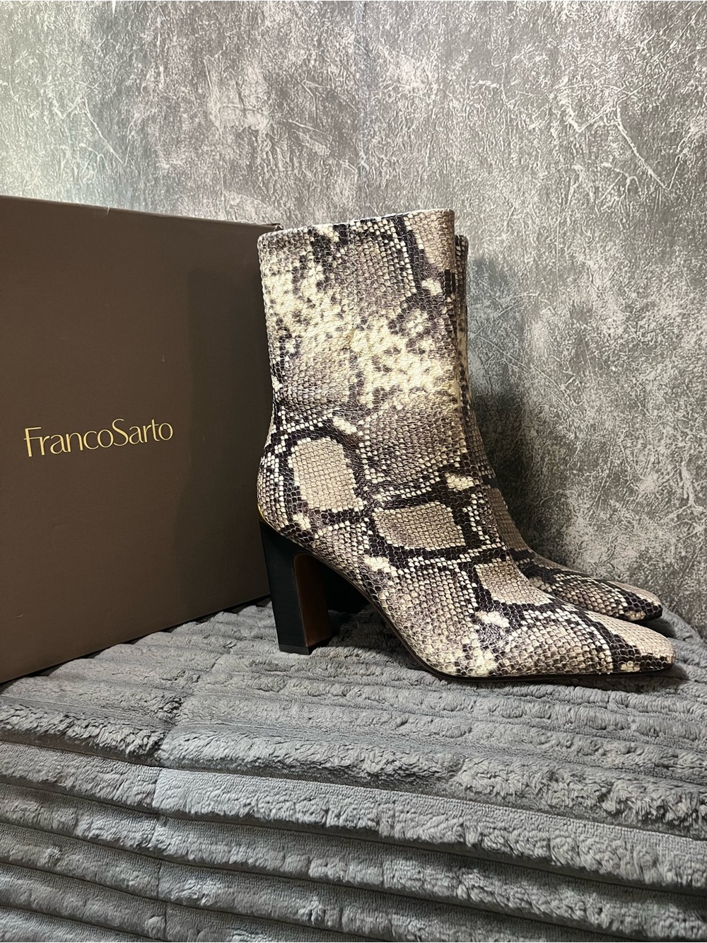Franco Sarto Neutral Snake-Print Pointed Toe Ankle Boots